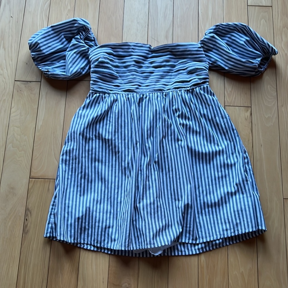 Striped Off-Shoulder Puff Sleeve Mini Dress - Blue/White